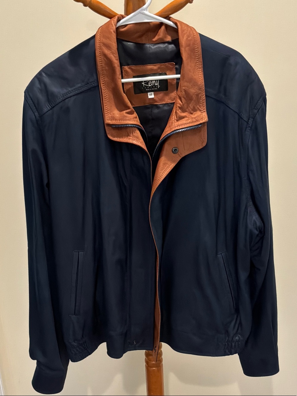 Remy Leather Navy Bomber Jacket with Brown Leather Collar size 48